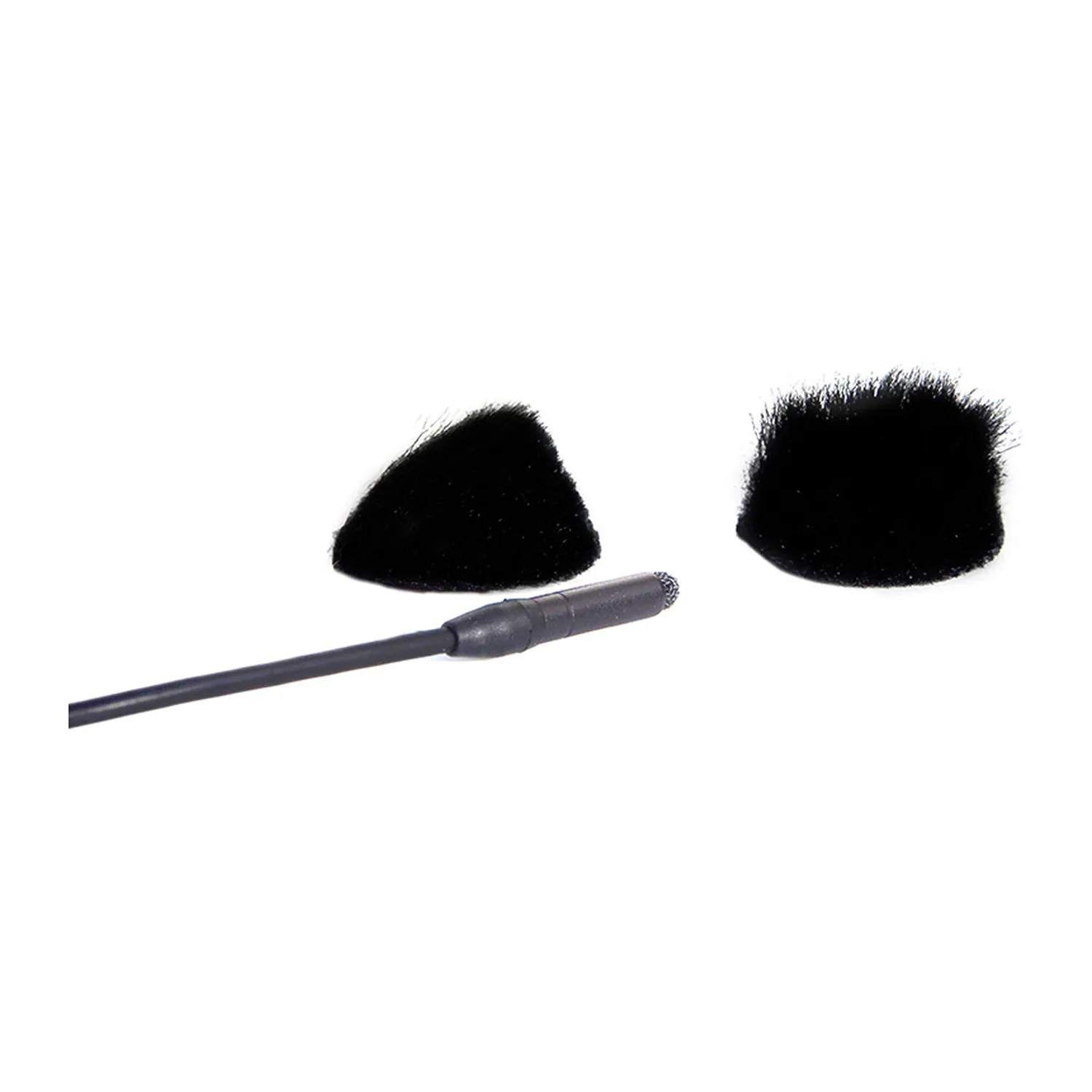 Rycote Overcovers Fur Windscreens for Lavalier Mics - Black: Two black fur discs beside a lavalier mic.