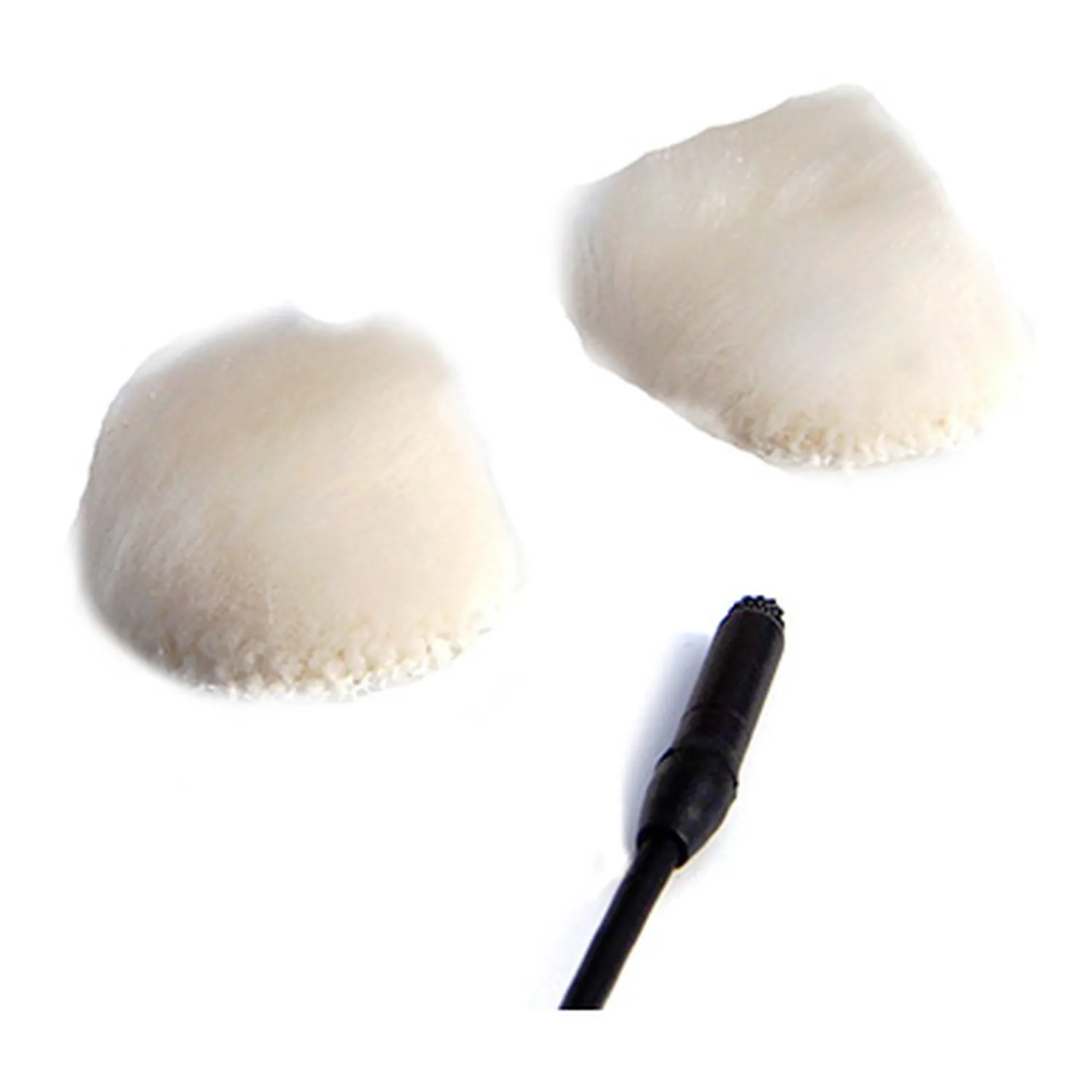 Rycote Overcovers Fur Windscreens for Lavalier Mics - White: Two white fur discs beside a lavalier mic.
