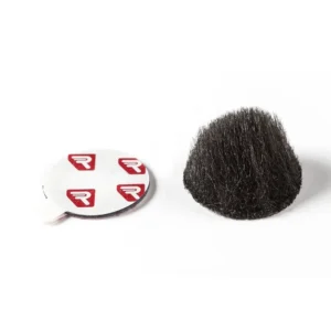Rycote Overcovers Advanced - Black: A black Overcover Advanced fur disc beside a sheet of round Stickies.