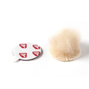 Rycote Overcovers Advanced - Beige: A beige Overcover Advanced fur disc beside a sheet of round Stickies.