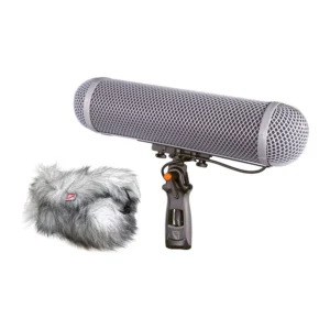 Rycote Modular Windshield WS 4 Kit: Basket windshield on its pistol grip with the Windjammer beside it.