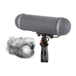 Rycote Modular Windshield WS 3 Kit: WS 3 windshield on its pistol grip with the Windjammer beside it.