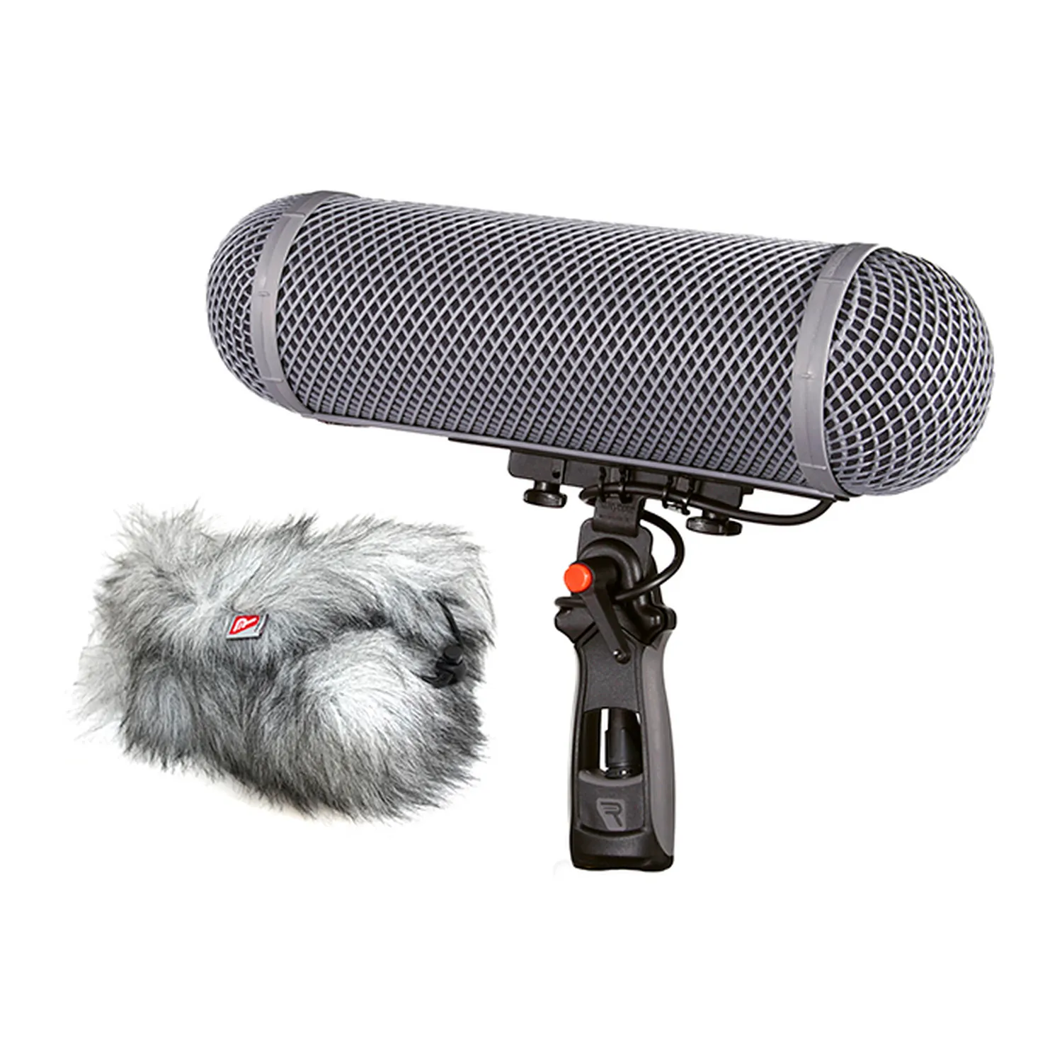 Rycote Modular Windshield WS 3 Kit: WS 3 windshield on its pistol grip with the Windjammer beside it.