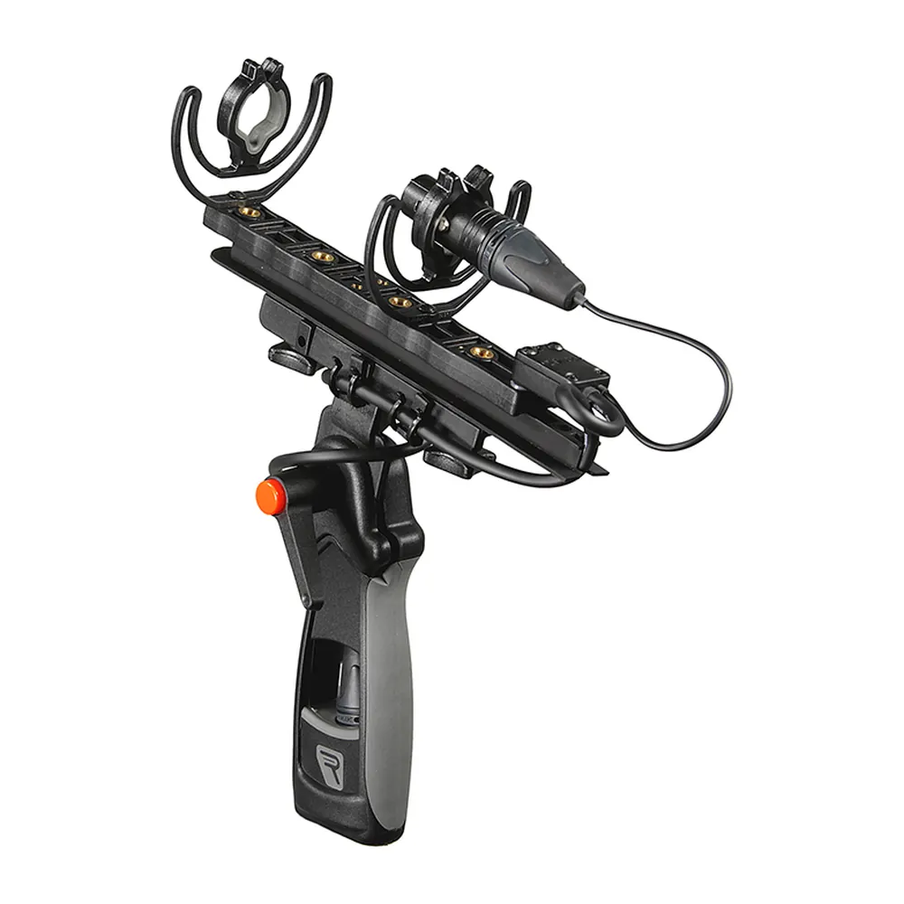 Rycote Modular Windshield WS 3 Kit: The WS 3 suspension with a mic on the pistol grip.