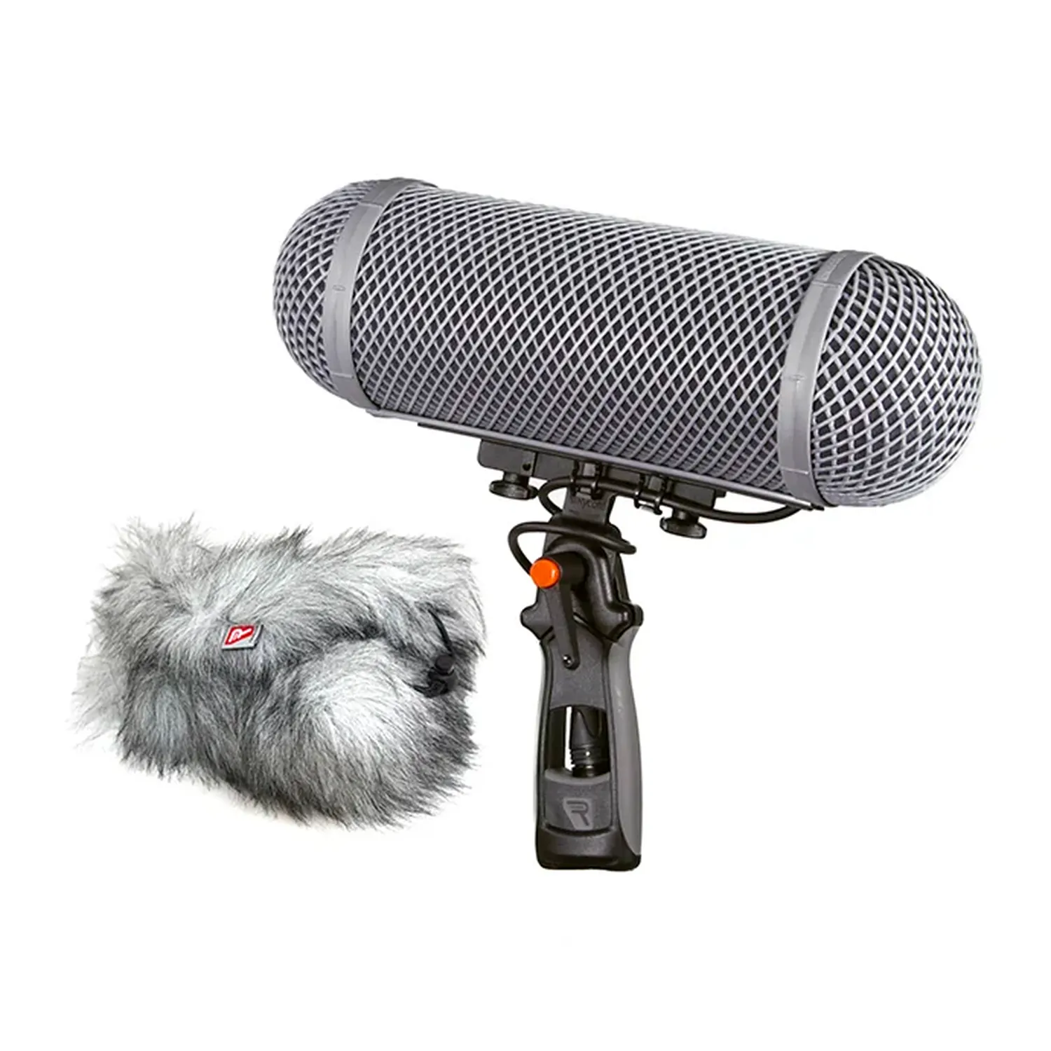 Rycote Modular Windshield WS 2 Kit: WS 2 basket on its pistol grip with the Windjammer beside it.