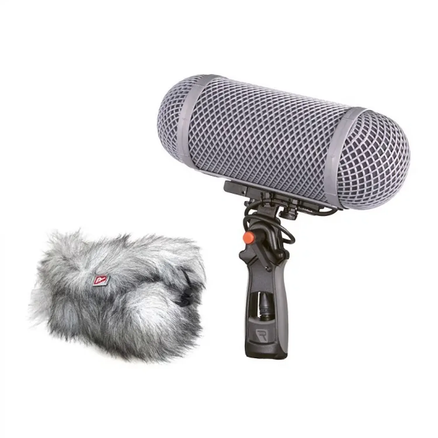 Rycote Modular Windshield WS 1 Kit, the WS 1 kit: basket on its pistol grip with the Windjammer beside it.
