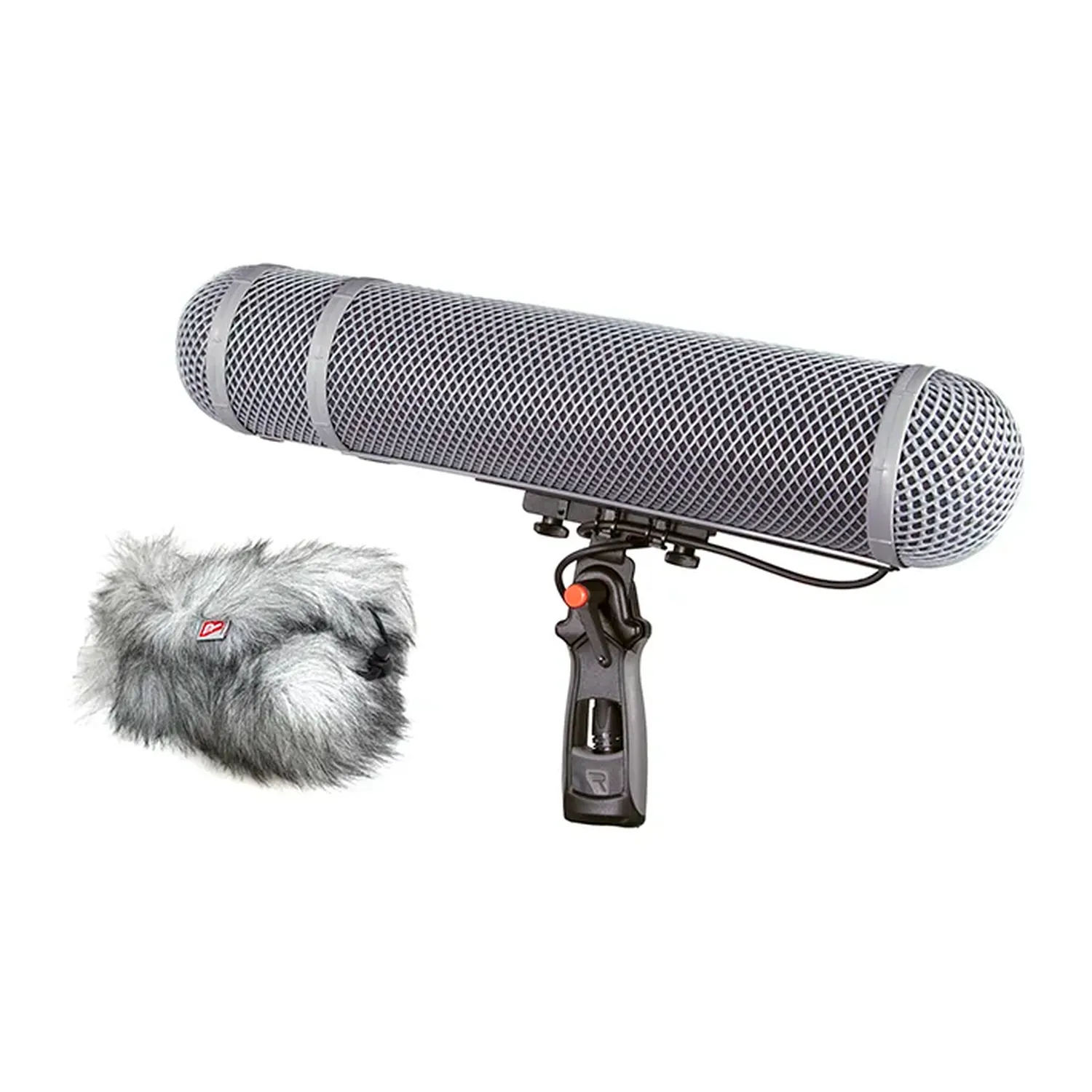 Rycote Modular Windshield WS 5 Kit: WS 5 basket on its pistol grip with the Windjammer beside it.