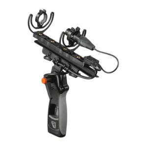 Rycote Modular Windshield WS 5 Kit: The modular suspension and pistol grip with a mic fitted.