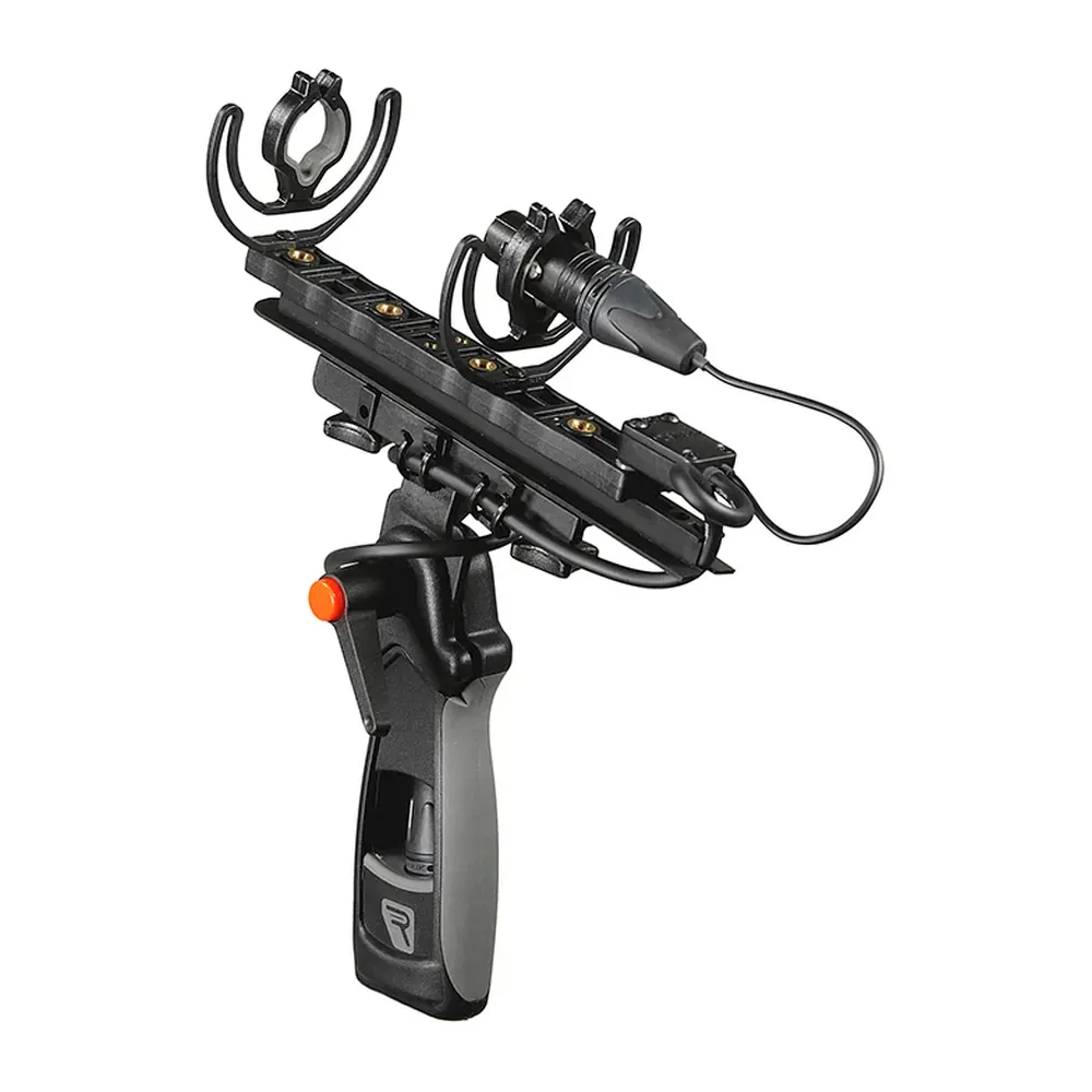 Rycote Modular Windshield WS 5 Kit: The modular suspension and pistol grip with a mic fitted.