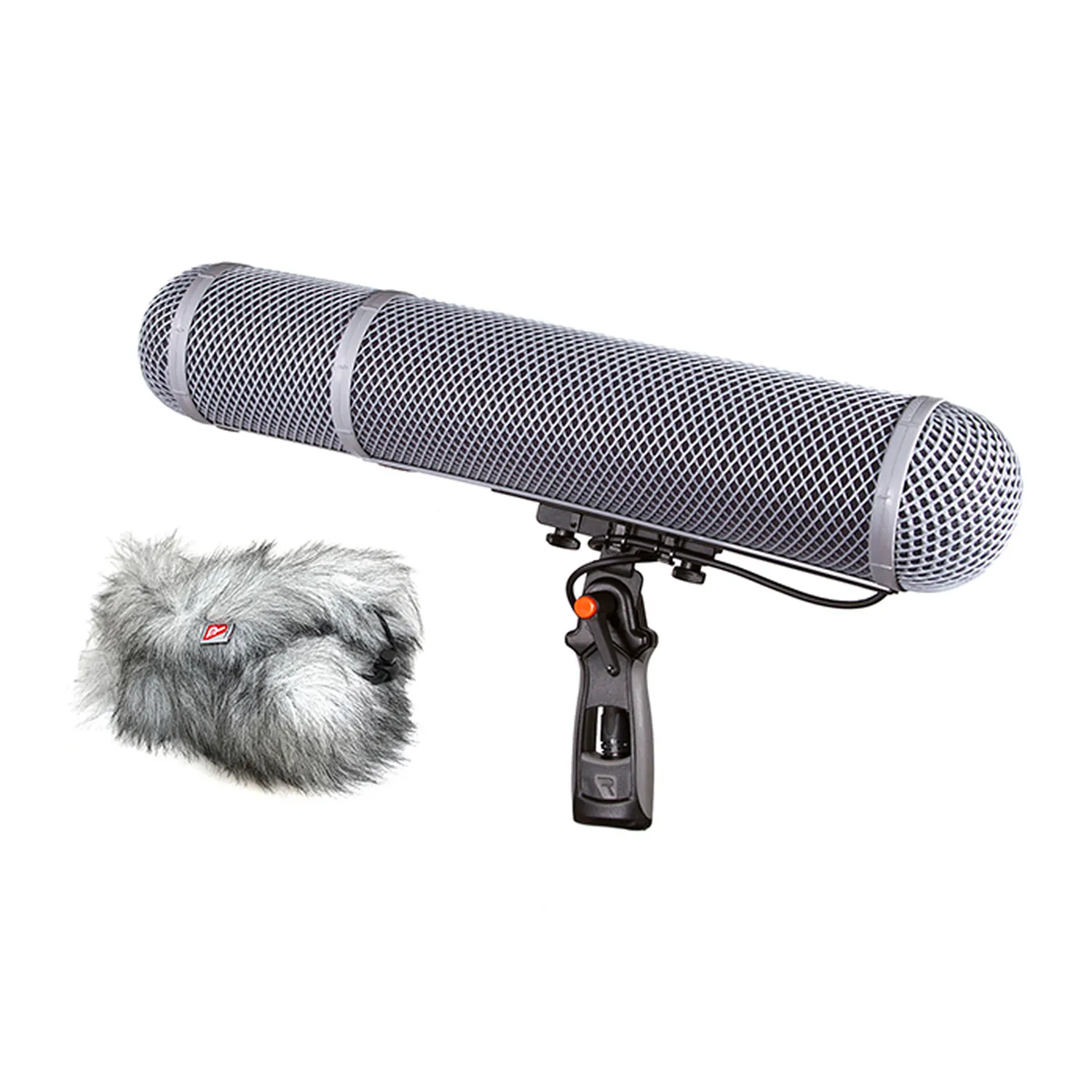 Rycote Modular Windshield WS 6 Kit: WS 6 basket on its pistol grip with the Windjammer beside it.