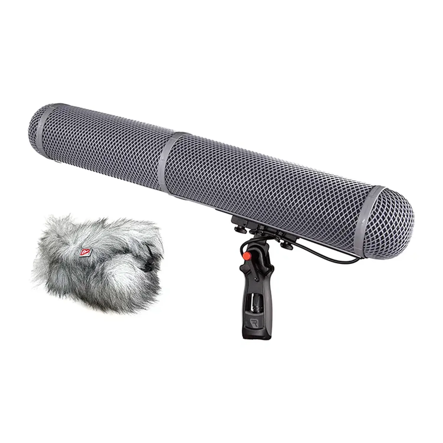 Rycote Modular Windshield WS 8 Kit: WS 8 basket on its pistol grip with the Windjammer beside it.
