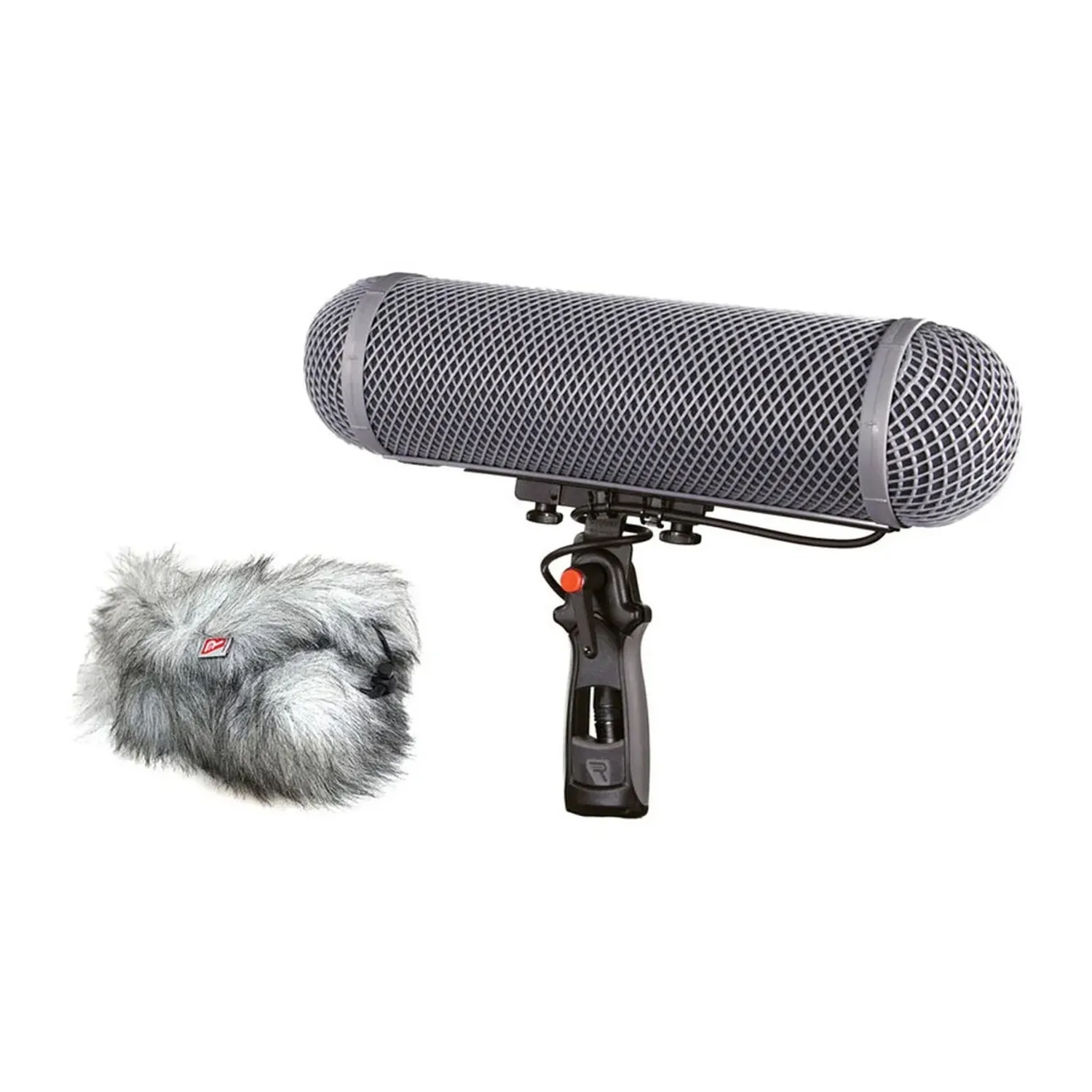 Rycote Modular Windshield WS 295 Kit: Modular windshield on its pistol grip with the Windjammer beside it.