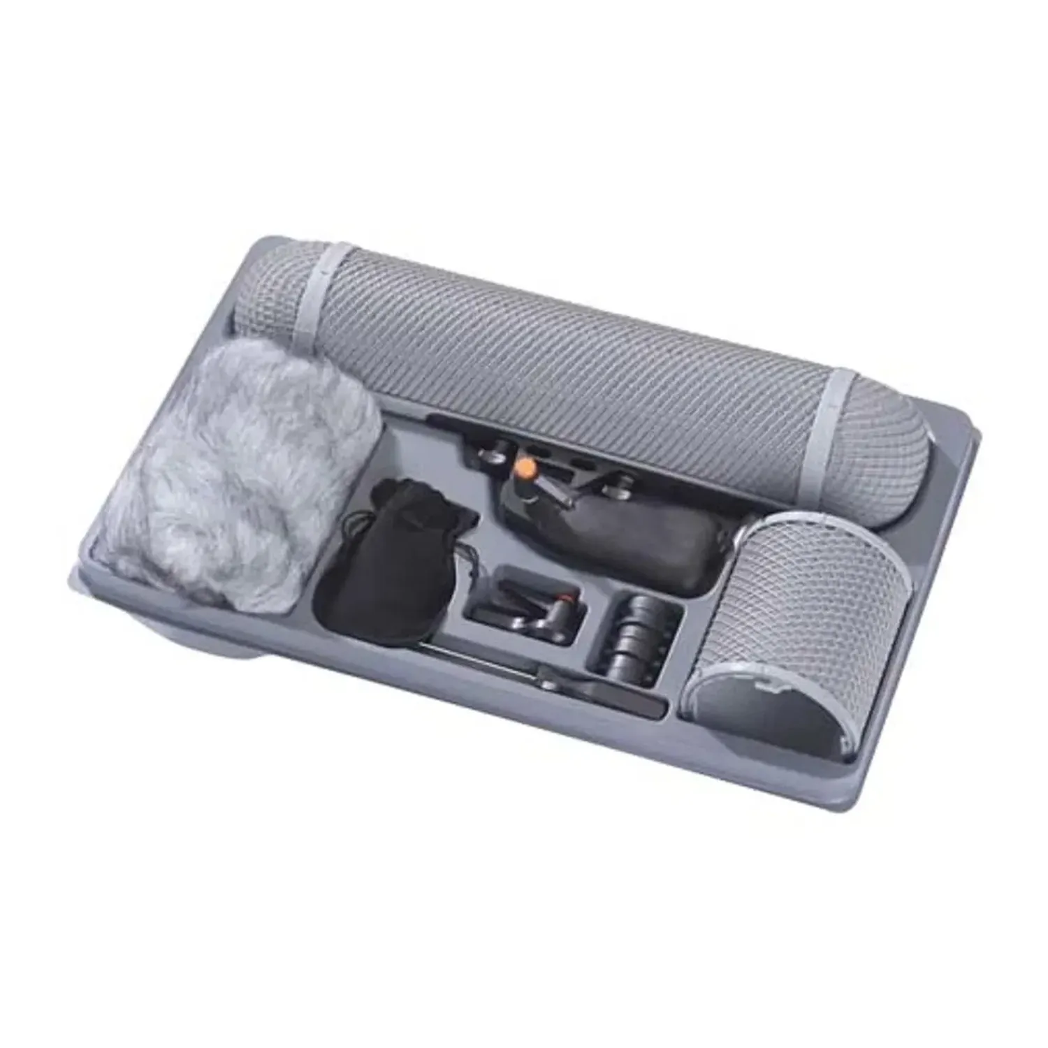Rycote Modular Windshield WS 5 Kit (XLR-5F) for Stereo Microphones: The WS 5 kit in its tray: windshield, suspension, Windjammer, and Connbox.