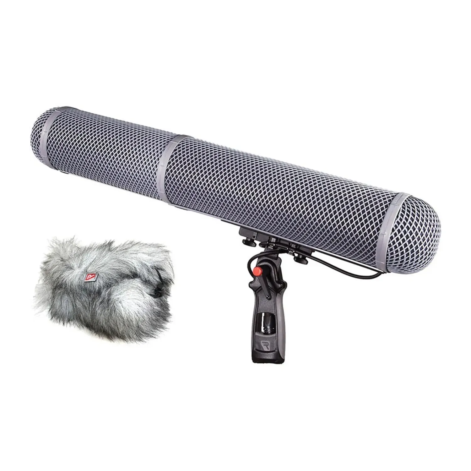Rycote Modular Windshield WS 8J Kit for Sennheiser MKH 8070: Long WS 8J basket on its pistol grip with the Windjammer beside it.