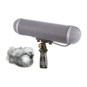 Rycote Modular Windshield WS 4 Kit (XLR-5F) for Stereo Microphones: Basket windshield on its pistol grip with the Windjammer beside it.