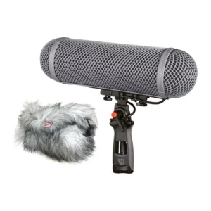 Rycote Modular Windshield WS 3 Kit (XLR-5F) for Stereo Microphones: Modular windshield on its pistol grip with the Windjammer beside it.