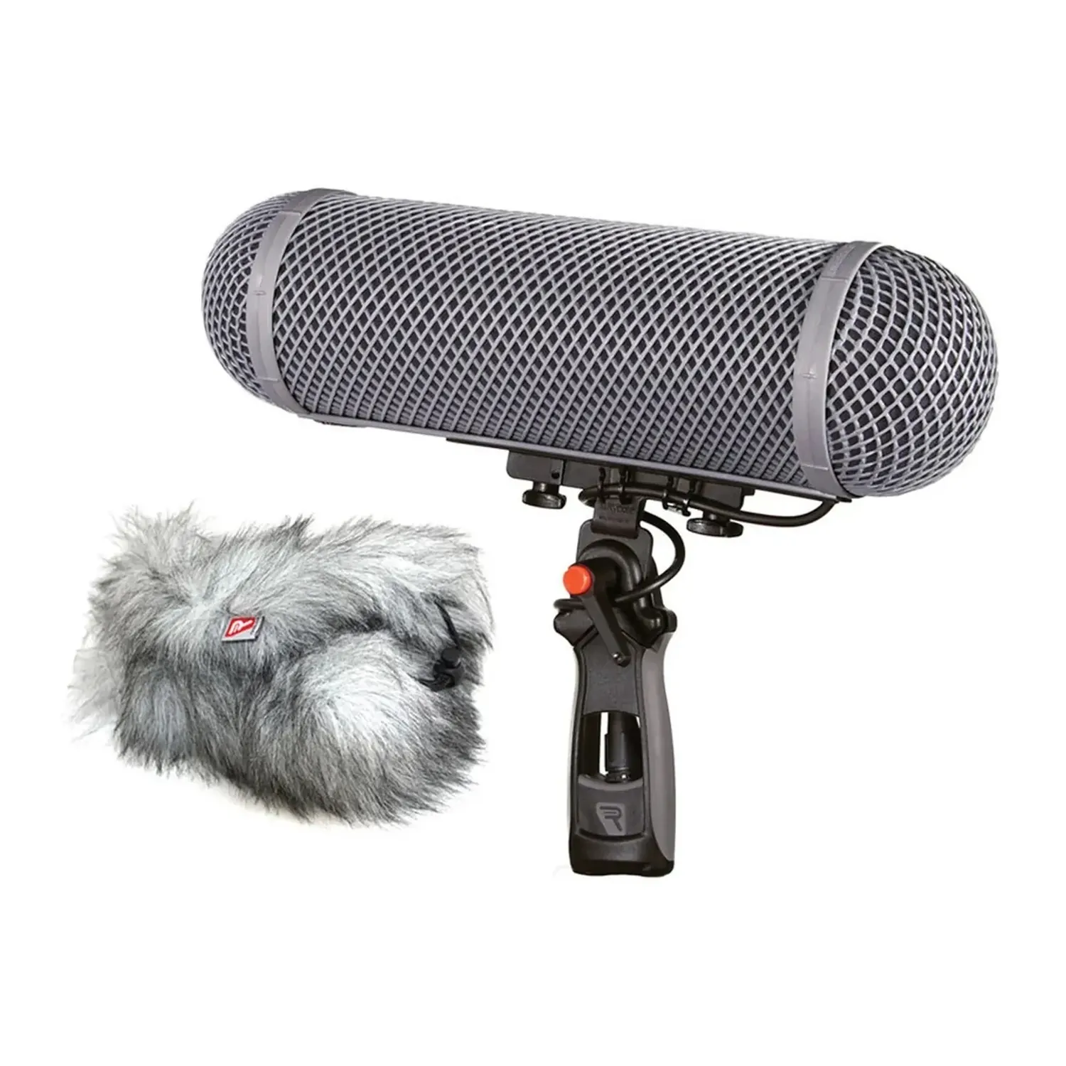 Rycote Modular Windshield WS 3 Kit (XLR-5F) for Stereo Microphones: Modular windshield on its pistol grip with the Windjammer beside it.