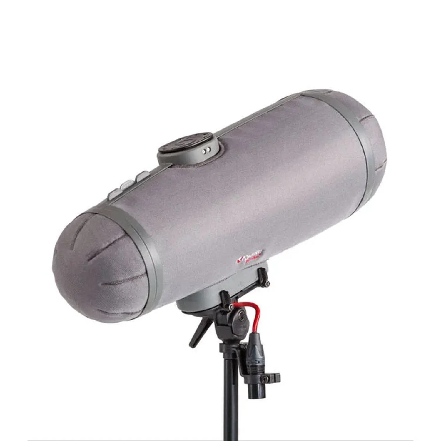Rycote Cyclone Large Windshield Kit, the gray Cyclone Large windshield on a stand.