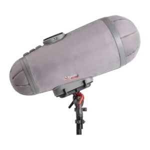 Rycote Cyclone Medium Windshield Kit fully assembled on a stand, seen from the front three-quarter angle with the fabric cover and both end caps in place.
