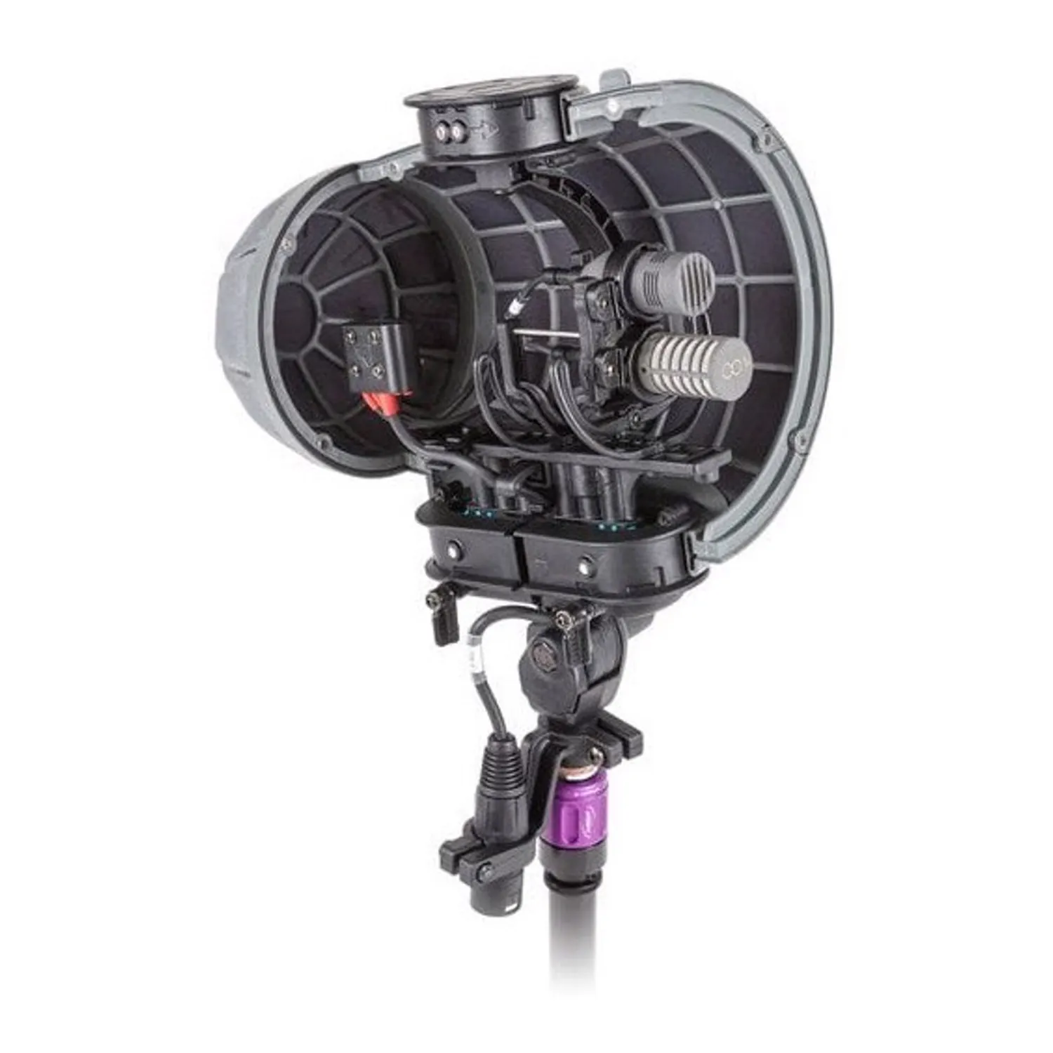 Rycote Stereo Cyclone Windshield Kit, XY Kit 1, with the basket open to show the suspension built for the MKH 8040 pair.