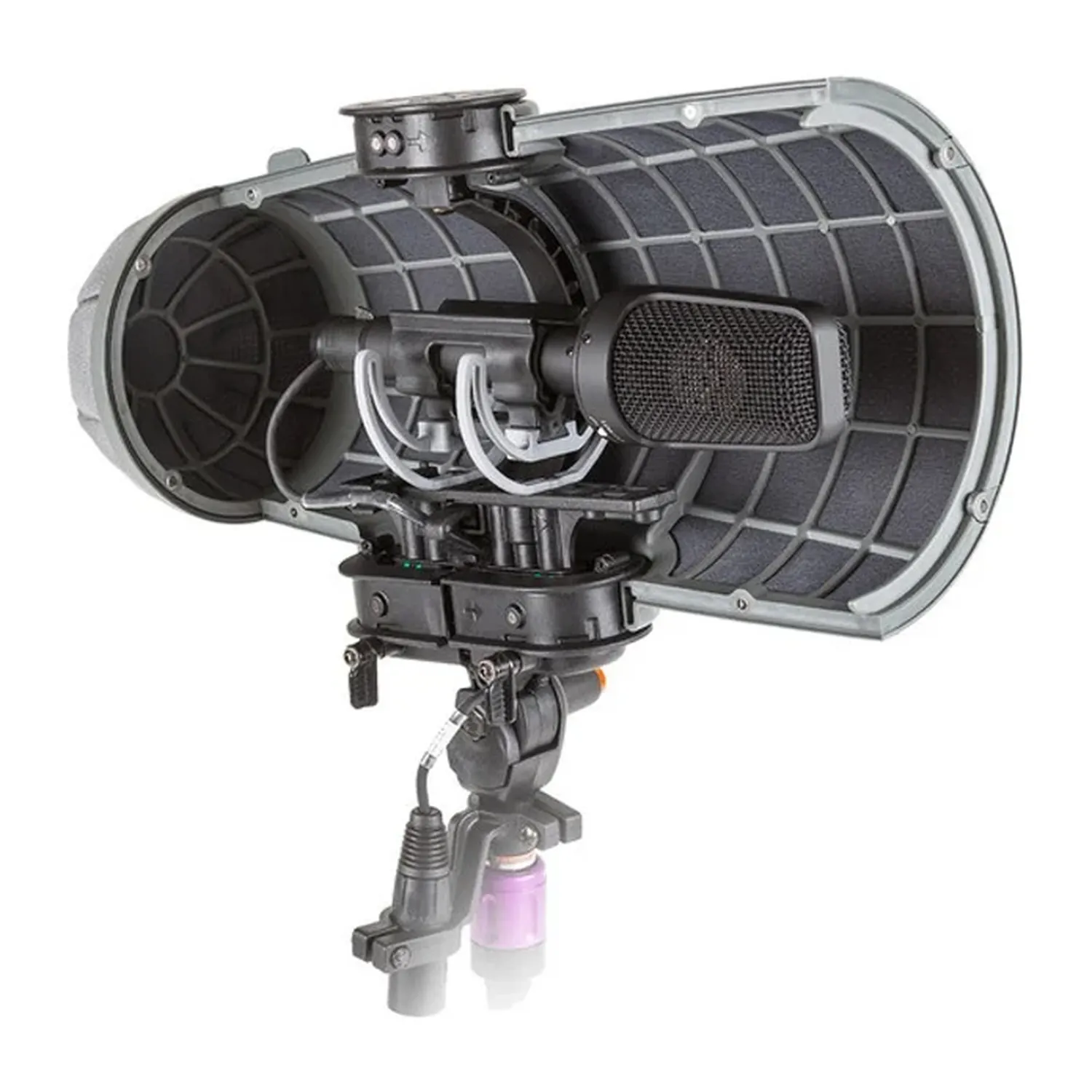 Rycote Stereo Cyclone Windshield Kit, Single Mic 2, with the basket open to show the suspension built for the BP4025.