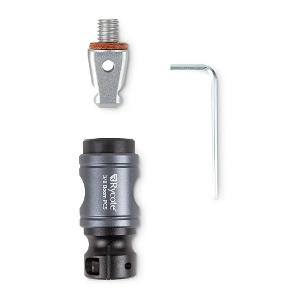Rycote PCS-Boom Connector: Tip, connector, and hex key standing upright.