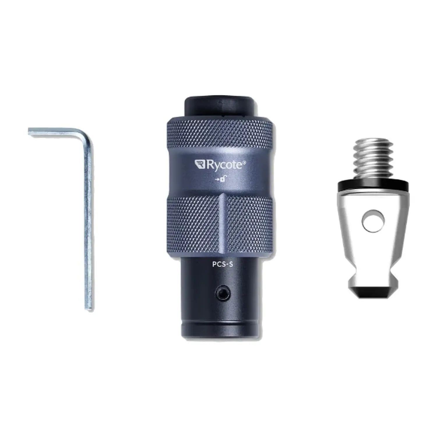 Rycote PCS Spigot, the quick-release socket shown with its hex key and 3/8 inch tip side by side.