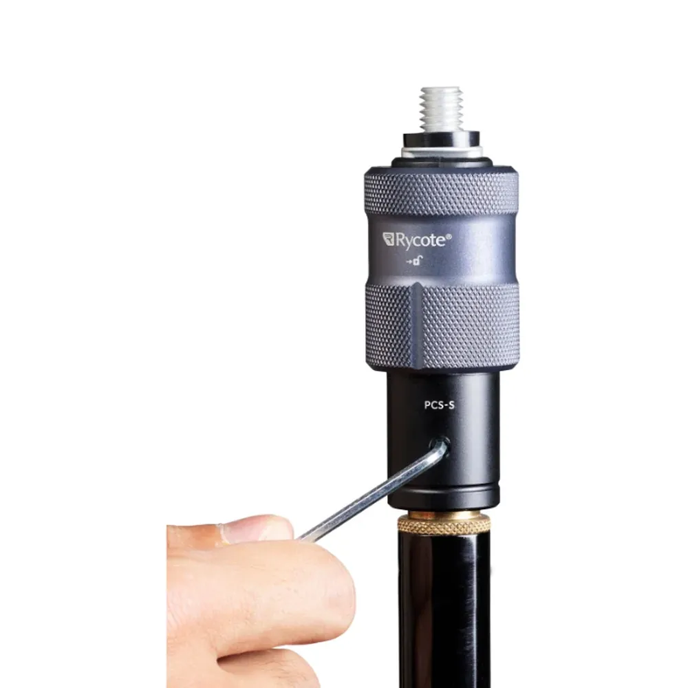 Rycote PCS Spigot on a microphone stand while the hex key fixes it to the stand's spigot.