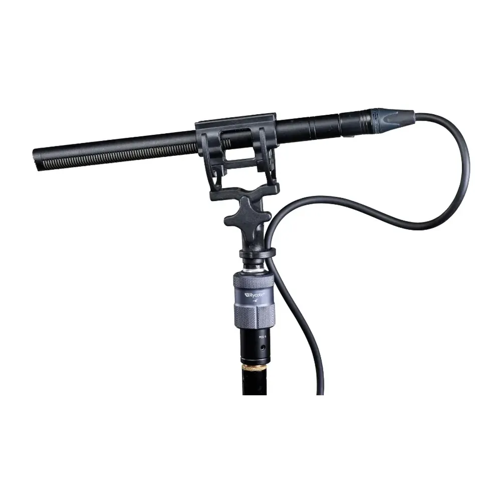Rycote PCS Spigot on a microphone stand, holding a cabled shotgun mic in a suspension mount.