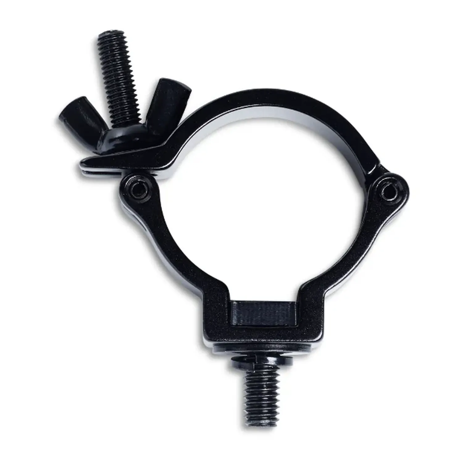 Rycote PCS Half Coupler Large, the large black PCS half coupler with its wing bolt and 3/8 inch bolt.