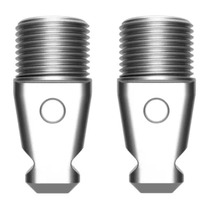 Rycote PCS 5/8" Tips Set, two silver 5/8" male PCS tips side by side with their threads up and a tool hole through each tip.