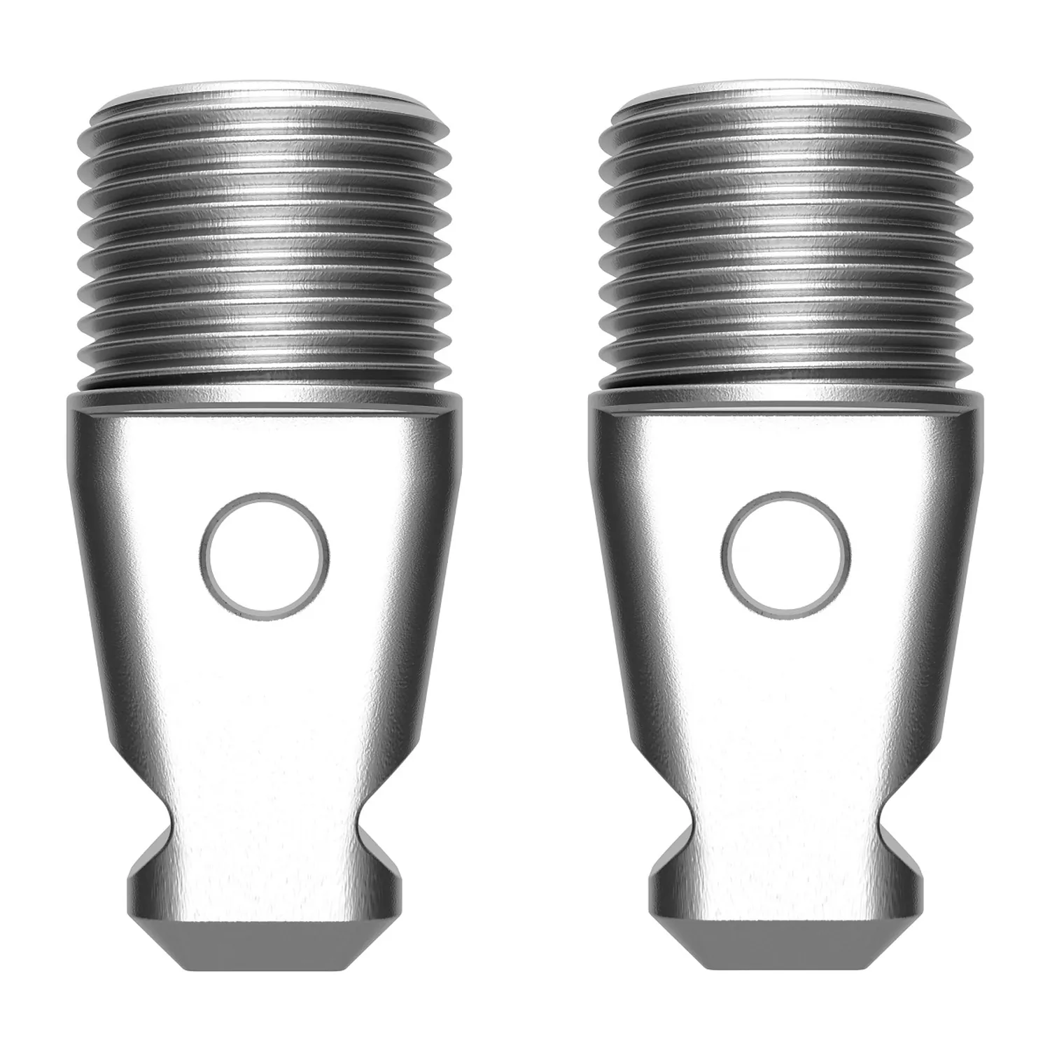 Rycote PCS 5/8" Tips Set, two silver 5/8" male PCS tips side by side with their threads up and a tool hole through each tip.