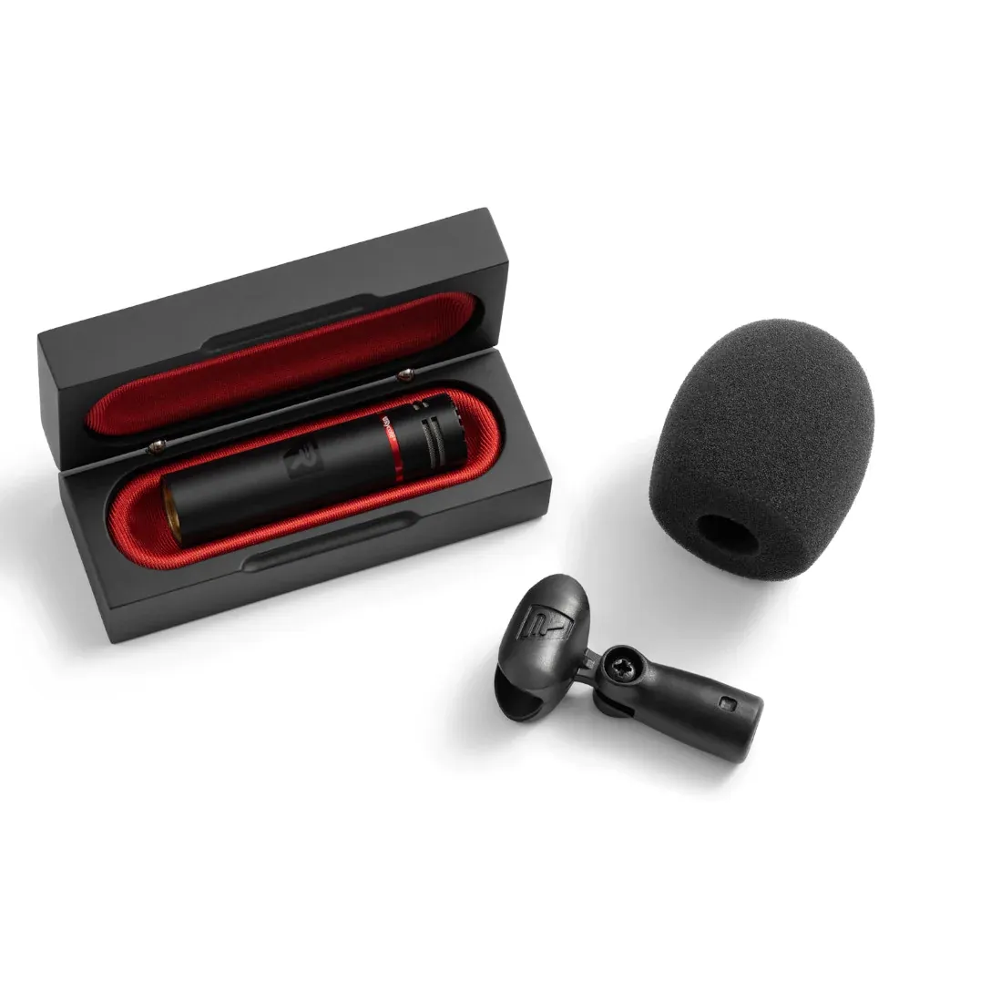Rycote CA-08 Compact Cardioid Condenser Microphone: The CA-08 in its hard case with its clamp and foam windscreen.