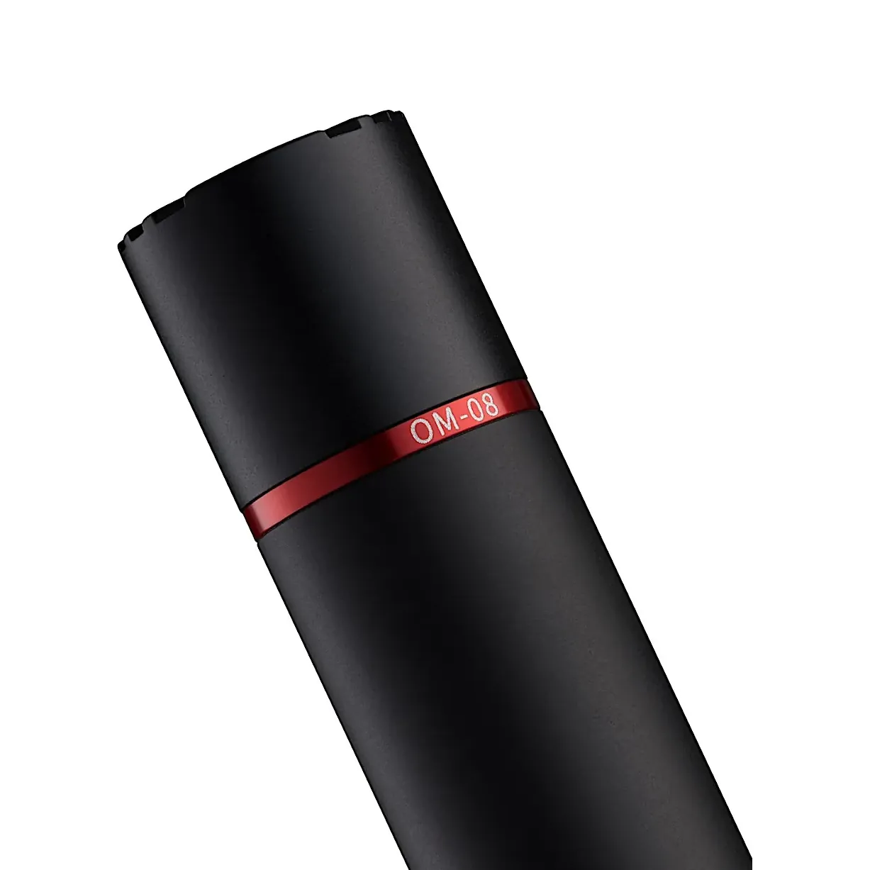 Rycote OM-08 Compact Omnidirectional Condenser Microphone: Close-up of the OM-08 body and its red ring.