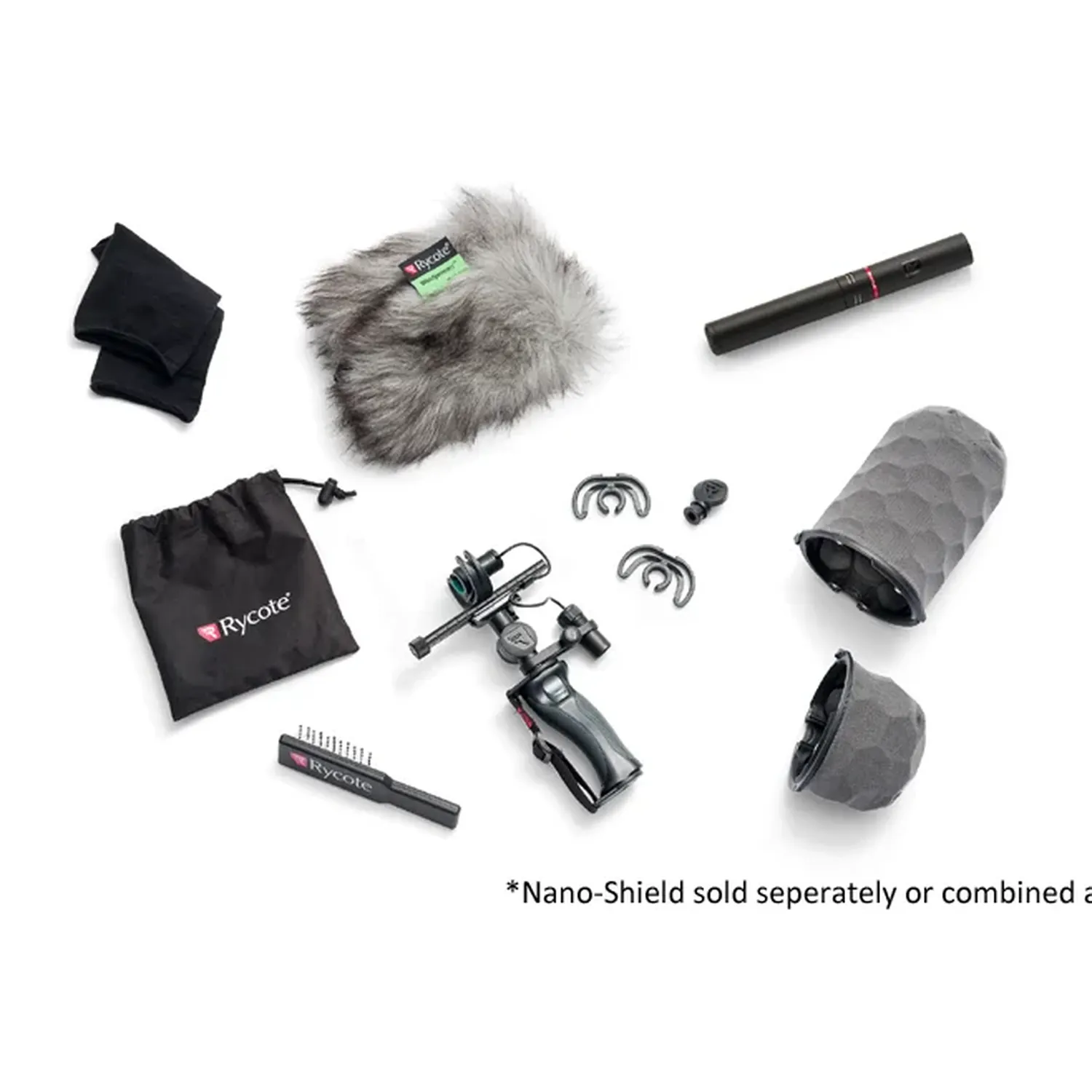 Rycote HC-15 Short Shotgun Microphone - With Nano Shield Kit NS2-CA, the HC-15 with the Nano-Shield kit parts laid out.