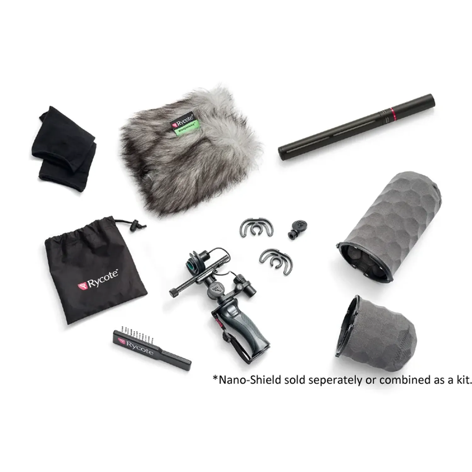 Rycote HC-22 Shotgun Microphone - With Nano Shield Kit NS4-DB, the HC-22 with the Nano-Shield kit parts laid out.