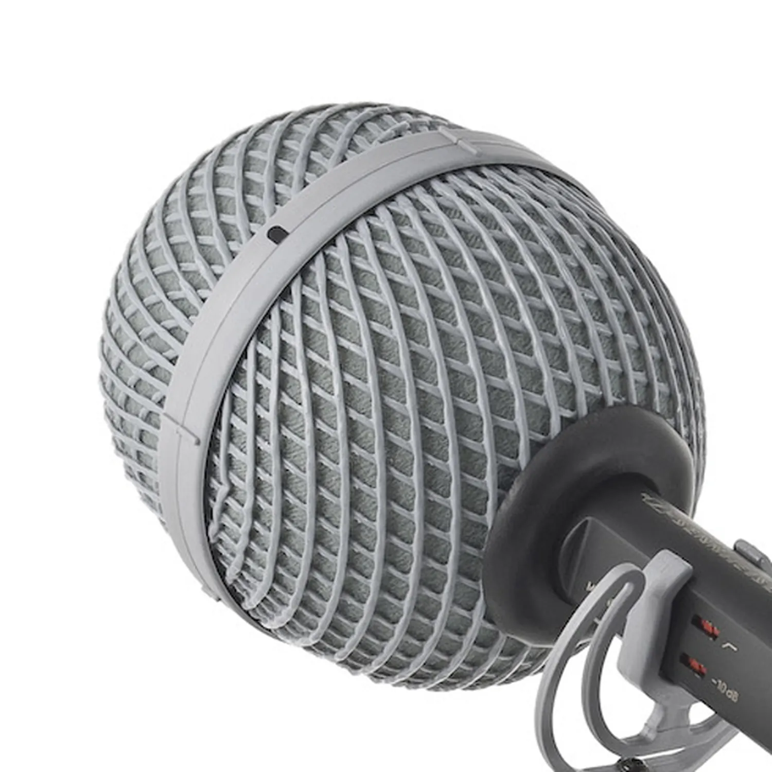 Rycote BBG Windshield for Short Microphones: The BBG windshield on a microphone, its two gray halves joined around the capsule.