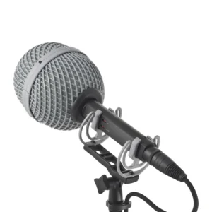 Rycote BBG Windshield for Short Microphones: The BBG on a mic held in a Lyre suspension on a stand.