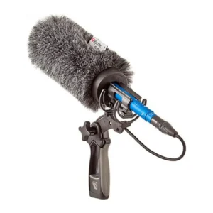 Rycote Classic-Softie Windshield Kit with Pistol Grip: Gray fur Classic-Softie on a shotgun mic in the Softie Lyre mount and pistol grip.