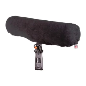 Rycote Hi Wind Cover: A black Hi Wind Cover fitted on a Modular windshield on its pistol grip.