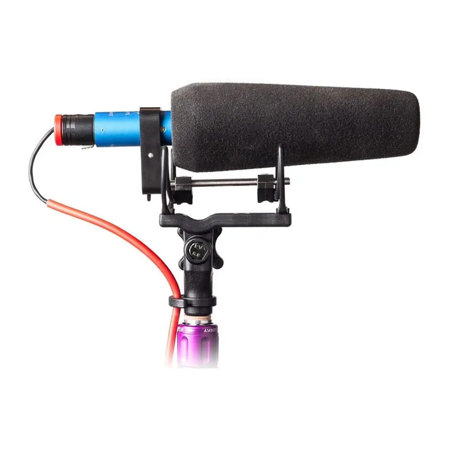 Rycote INV-Lite Shock Mount for Short Shotgun Microphones: The INV-Lite holding a short shotgun with a foam windscreen.