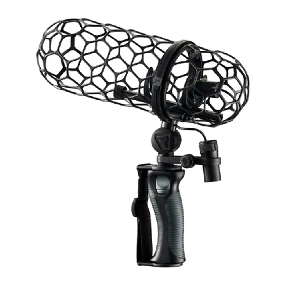 Rycote Nano-Shield Windshield Kit: The open basket frame on the pistol grip.