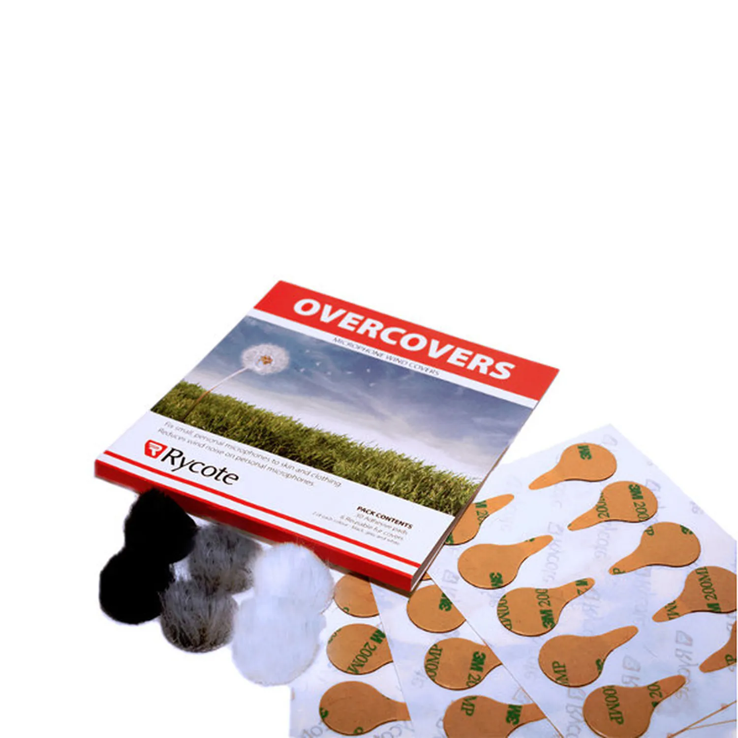 Rycote Overcovers Fur Windscreens for Lavalier Mics: Overcovers pack with fur discs in black, gray, and white and sheets of Stickies.