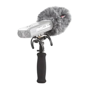 Rycote Portable Recorder Audio Kit for Handheld Recorders: A handheld recorder with its Mini Windjammer in the suspension, on the handle.