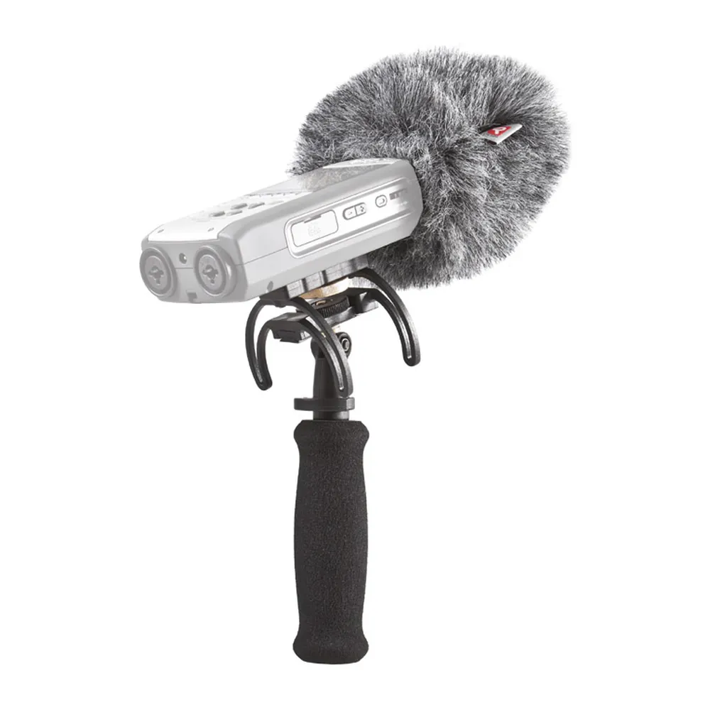 Rycote Portable Recorder Audio Kit for Handheld Recorders: A handheld recorder with its Mini Windjammer in the suspension, on the handle.