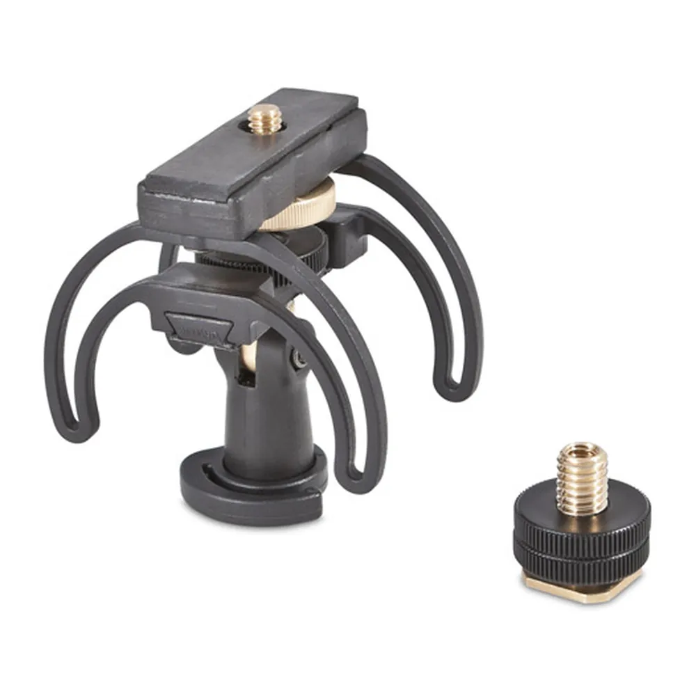 Rycote Portable Recorder Audio Kit for Handheld Recorders: The Lyre suspension beside its hot-shoe adapter.