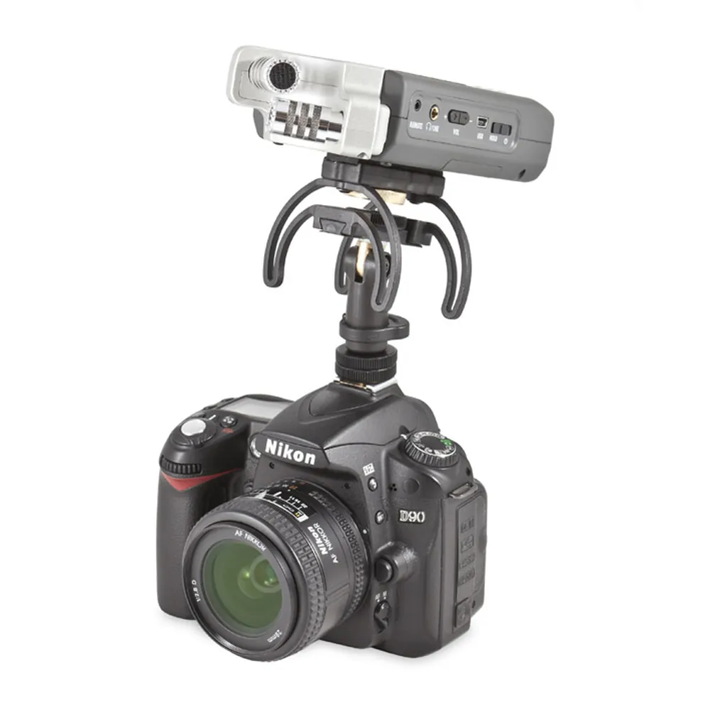 Rycote Portable Recorder Audio Kit for Handheld Recorders: A recorder in the suspension on a camera's hot shoe.