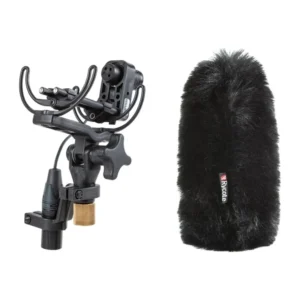 Rycote Softie-Lite Windscreen and Shockmount Kit, the INV-Lite shock mount beside a black Softie-Lite windscreen.