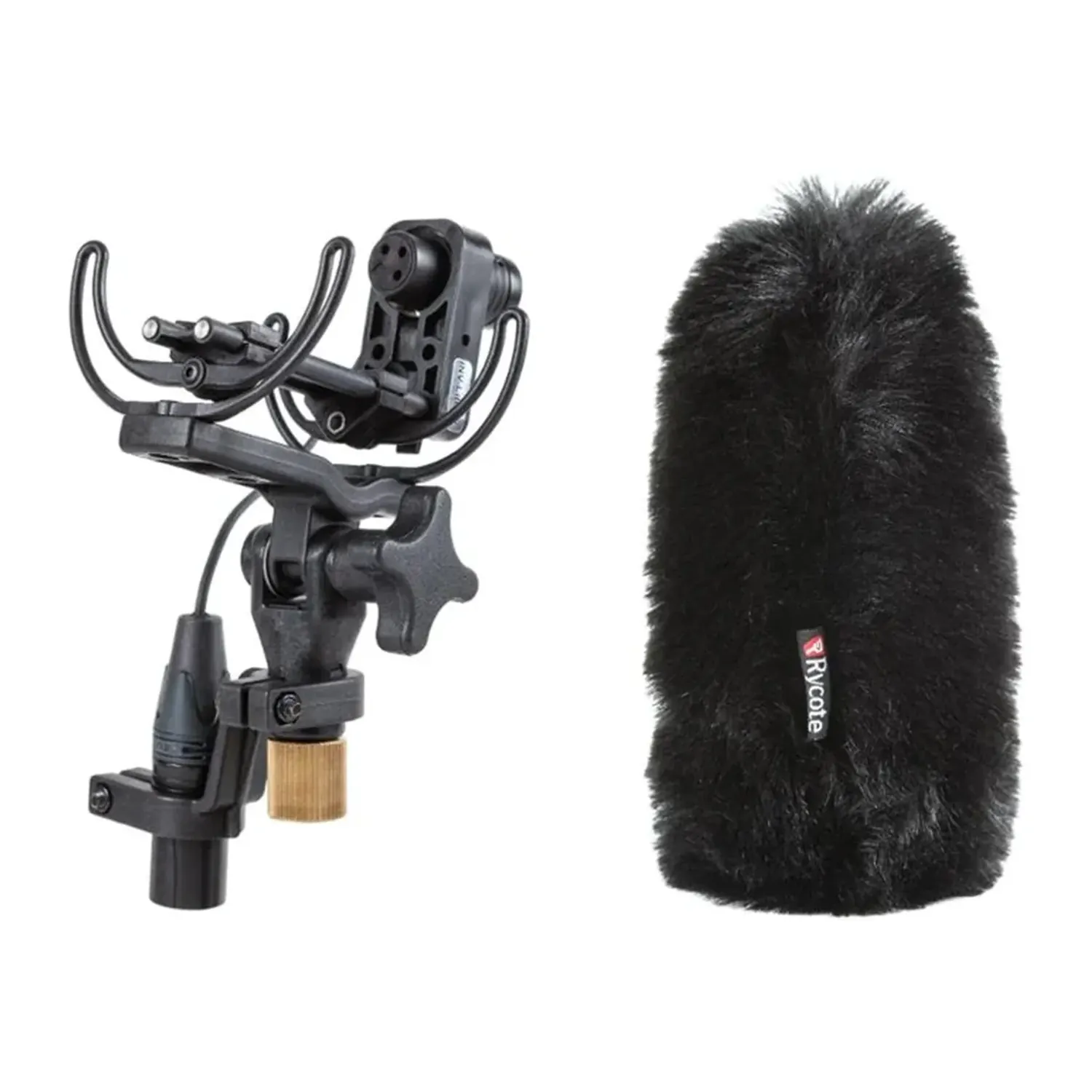Rycote Softie-Lite Windscreen and Shockmount Kit, the INV-Lite shock mount beside a black Softie-Lite windscreen.