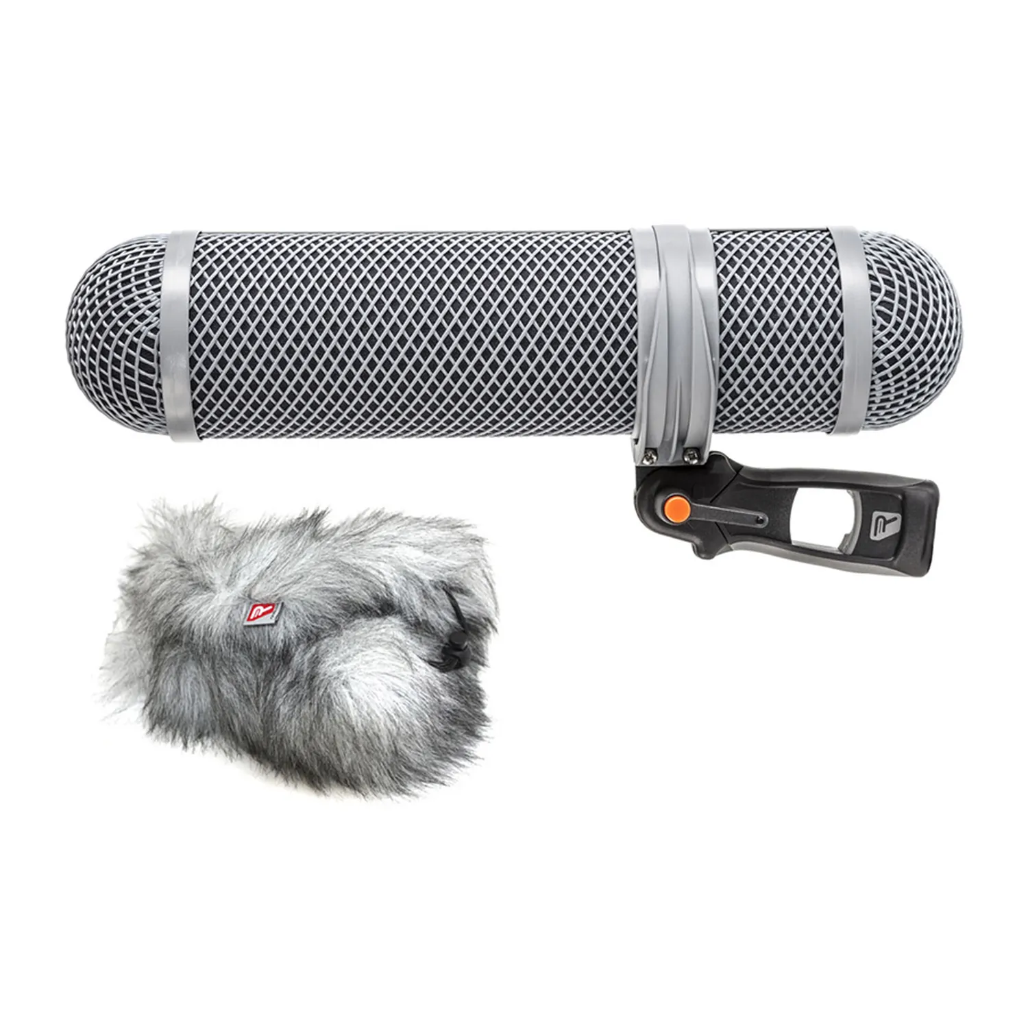 Rycote Super-Shield Windshield Kit: Medium kit: windshield pods on the pistol grip with the Windjammer beside it.